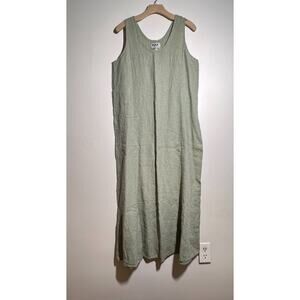 FLAX Light Olive Green 100% Linen Long Round Neck Sleeveless Maxi Dress M MINT!